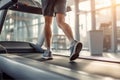 Man in sportswear exercising on treadmill machine. People running on a treadmill in the gym fitness club. Generative AI