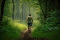 A man in sportswear on a morning jog in a park forest in the rays of the sun.