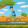 Man in sportwear, on bicycle, driving along the road. Sportsman cartoon character vector illustration