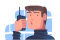Man Spy Character Investigating Talking via Radio Transmitter Vector Illustration