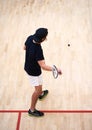 Man, squash player or top view of racket to hit ball in indoor court game for fitness, cardio training or exercise Royalty Free Stock Photo