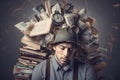 Man with a stack of books and clock on his head Royalty Free Stock Photo