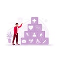 Man stacking a giant wooden block with some health medical icons. Health insurance concept.