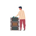 Man stacking vegetables crates flat vector illustration. Young rancher, farm worker cartoon character. Farmer harvesting