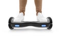 Man stand on black hover board isolated.