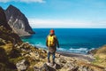 Man stand on cliff edge alone enjoying aerial view backpacking lifestyle travel adventure outdoor vacations Royalty Free Stock Photo