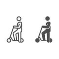 Man stand on electric scooter line and solid icon, electric transport concept, kick scooter vector sign on white Royalty Free Stock Photo