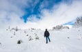 A man stand facing the mountain on a path cover with snow in paradise area,scenic view of mt Rainier National park,Washington,USA.
