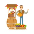 Man With Stand Of Fresh Vegetables, Farmer Working At The Farm And Selling On Natural Organic Product Market