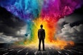 man stand in front of colorful rainbow cloud AI generated