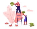 Man Stand on Ladder, Woman Holding Huge Broccoli Piece, Beans and Spinach Scattered around. Healthy Nutrition