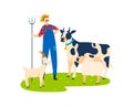 Man stand near domestic animal cow , goat at farm, vector illustration. Cartoon farm cattle, male herdsman at rural Royalty Free Stock Photo