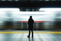 Man stand waiting train in subway fast moving. Generative AI Royalty Free Stock Photo