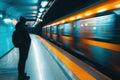 Man stand waiting train in subway fast moving. Generative AI Royalty Free Stock Photo