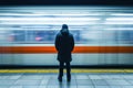 Man stand waiting train in subway fast moving. Generative AI Royalty Free Stock Photo