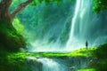 a man standing alone in front of a big waterfall in a forest, ai generated image
