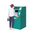 Man standing beside ATM and inserting credit card in slot. Person withdrawing money isolated on white background. Cash