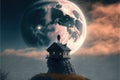 A man standing atop a tiny cottage, surrounded by precarious stacked rocks, against a large moon