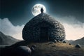 A man standing atop a tiny cottage, surrounded by precarious stacked rocks, against a large moon