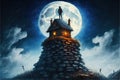 A man standing atop a tiny cottage, surrounded by precarious stacked rocks, against a large moon