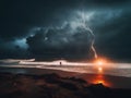A man standing on the beach with a lightning bolt coming out of the sky, AI Royalty Free Stock Photo