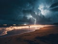 A man standing on the beach with lightning in the sky, AI Royalty Free Stock Photo