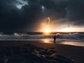 A man standing on the beach looking at a lightning bolt, AI