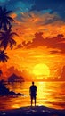A man standing on the beach at sunset with palm trees in background, AI Royalty Free Stock Photo