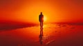 A man standing on a beach at sunset with the sun behind him, AI Royalty Free Stock Photo