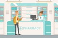 Man Standing Behind Counter in Pharmacy, Woman Pharmacist Helping him to Choose Medications, Modern Pharmacy and