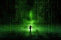 man standing behind a huge green computer screen generative ai Royalty Free Stock Photo