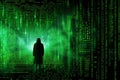 man standing behind a huge green computer screen generative ai Royalty Free Stock Photo