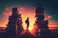 Man standing among books and searching for book at sunset. Educational knowledge concept