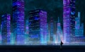 Man standing on building and looking to abstract modern sci-fi colorful city with night sky and stars. 3D illustration Royalty Free Stock Photo