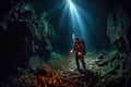 a man standing in a cave with lights. Generative Ai Royalty Free Stock Photo