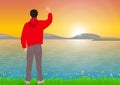 Man standing with cheerful with fist raised up beside the lake with sunrise background, success, achievement and winning concept