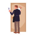 Man standing at closed front door to ring doorbell, male character holding flowers Royalty Free Stock Photo