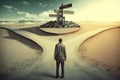 Man standing at crossroad choosing right path, choice concept, generative AI