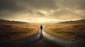 Man standing at the crossroads and choosing which way to go, on a gloomy day, with light of hope on the horizon. Generative AI Royalty Free Stock Photo