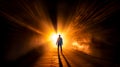 Man standing in dark tunnel with bright light coming from behind him. Generative AI Royalty Free Stock Photo