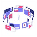 Man Standing Among Digital Screens In Flat Vector Illustration Symbolizing Technology, Digital Media, And Information
