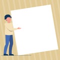 Man Standing Drawing Holding Presenting Huge Blank Paper. Gentleman Stands Carrying Large Empty Cardboard Displaying New