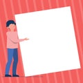 Man Standing Drawing Holding Presenting Huge Blank Paper. Gentleman Stands Carrying Large Empty Cardboard Displaying New