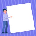 Man Standing Drawing Holding Presenting Huge Blank Paper. Gentleman Stands Carrying Large Empty Cardboard Displaying New