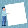 Man Standing Drawing Holding Presenting Huge Blank Paper. Gentleman Stands Carrying Large Empty Cardboard Displaying New