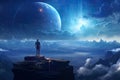 Man standing on the edge of a cliff and looking at the moon, woman standing on top of a mountain looking at a distant futuristic