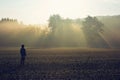 Man standing in the fog at sunrise Royalty Free Stock Photo