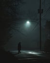 A man standing in a foggy street at night looking at a street lamp Royalty Free Stock Photo