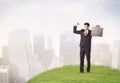 Man standing in front of city landscape