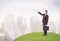 Man standing in front of city landscape